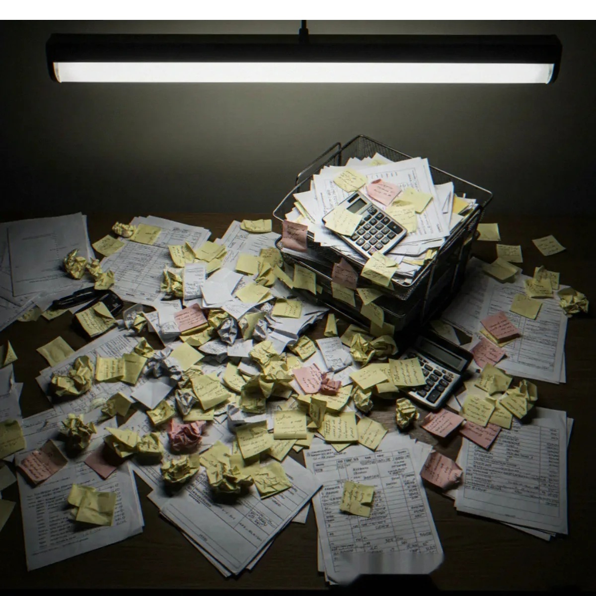 Chaotic desk buried in financial papers and sticky notes — the reality before a fractional controller